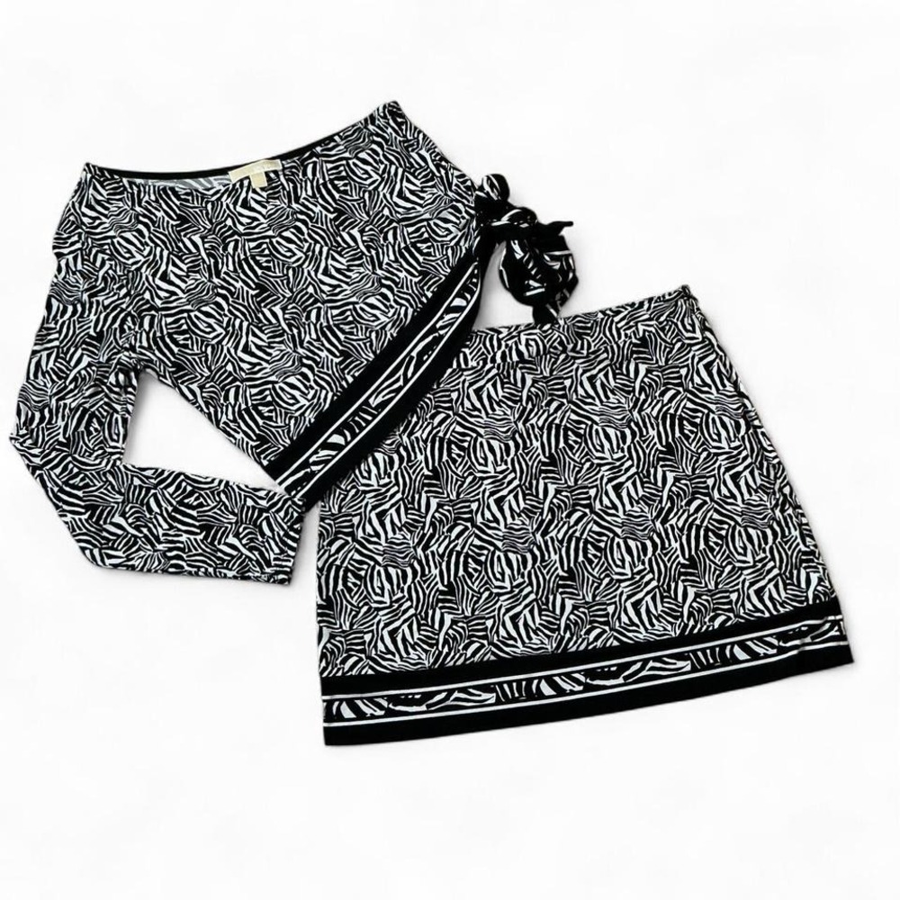 Michael Kors Zebra Print 2 Piece Skirt Set Womens Lโ Black White Side Tie Co-ord